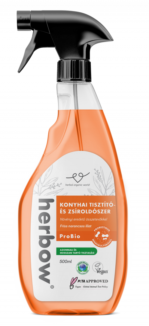 ÚJ! Herbow Konyhai tisztító és zsíroldó Probiotikus Spray & Rinse - Friss narancsos illattal  <br> 500 ml