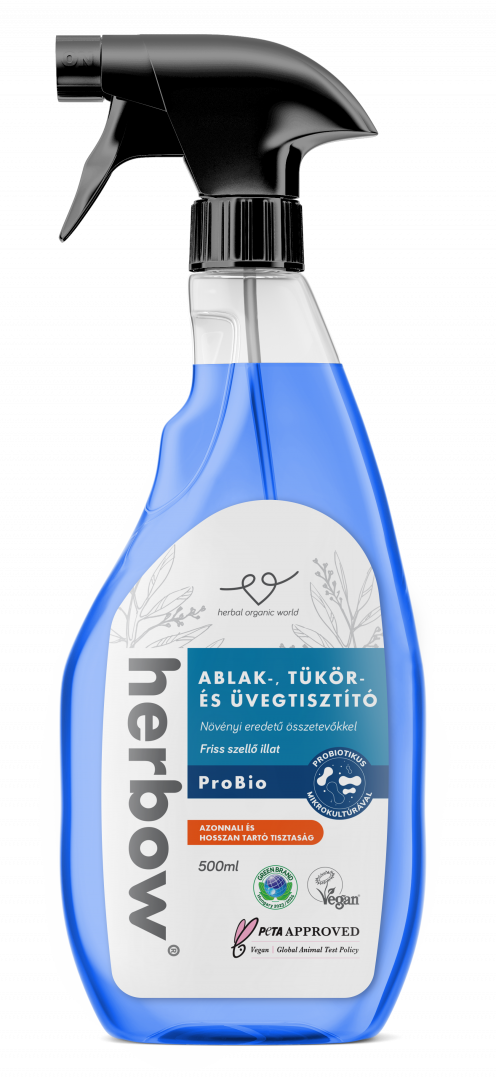 ÚJ! Herbow Ablak-, tükör- és üvegtisztító Probiotikus Spray & Wipe - Friss szellő illattal  <br> 500 ml