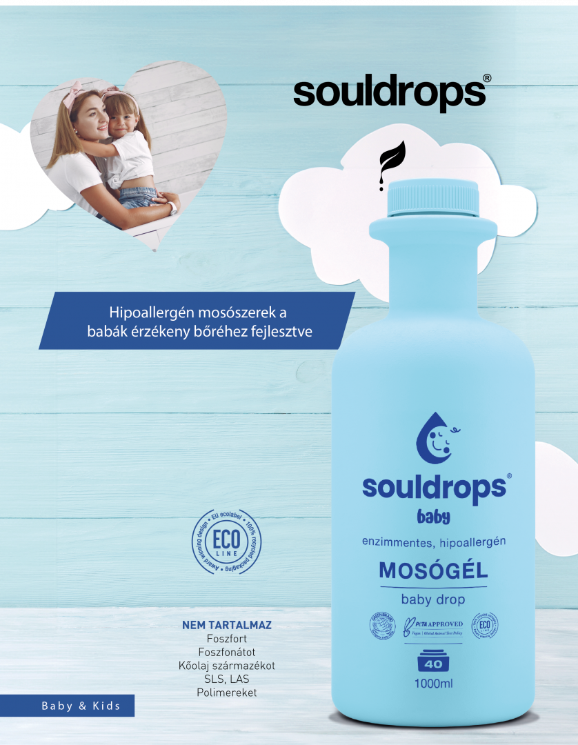 ÚJ! Souldrops baby drop hipoallergén-szenzitív mosógél babaruhákhoz <br> 1000 ml