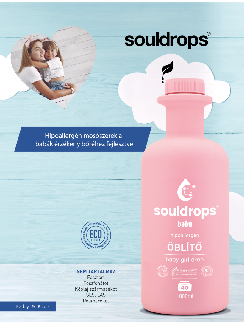 ÚJ! Souldrops baby girl drop hipoallergén-szenzitív textilöblítő babaruhákhoz <br> 1000 ml