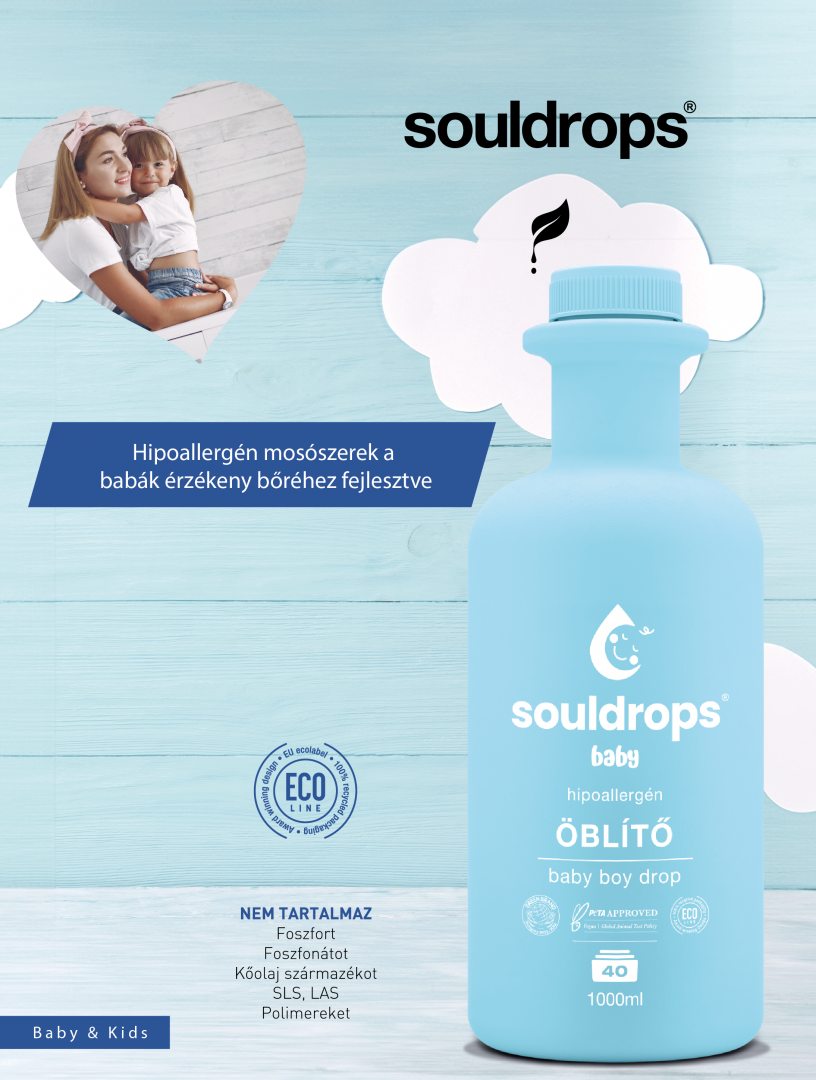 ÚJ! Souldrops baby boy drop hipoallergén-szenzitív textilöblítő babaruhákhoz <br> 1000 ml